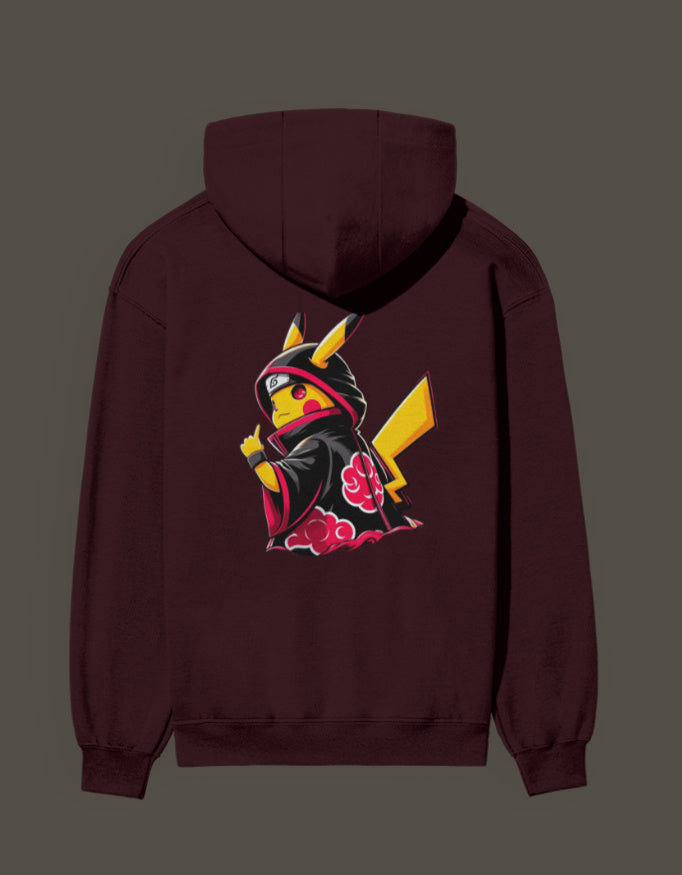 Akatsuki Pikachu hoodie featuring a Pikachu in a ninja outfit with red cloud designs