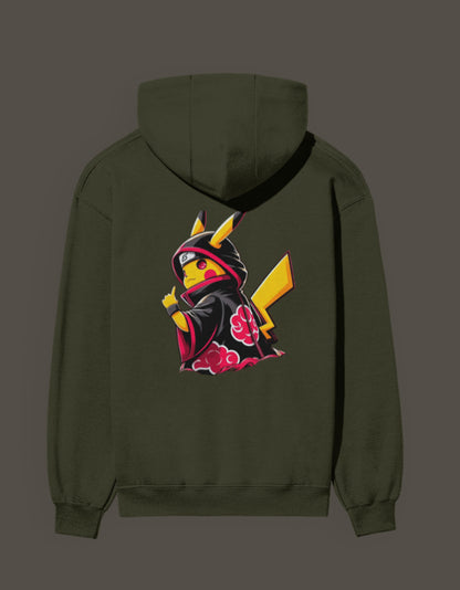 Akatsuki Pikachu hoodie in dark green featuring Pikachu in an Akatsuki outfit with bold colors
