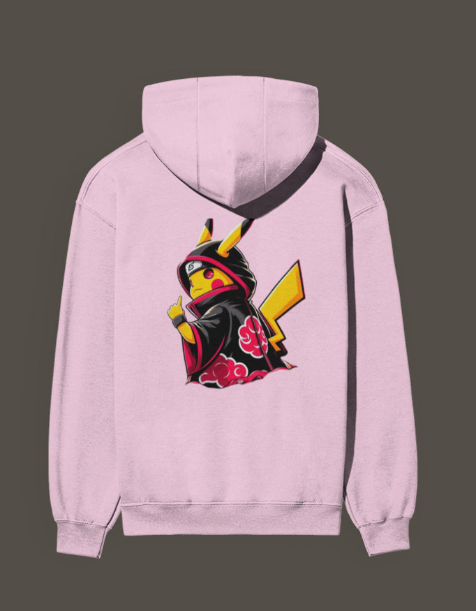 Pink Akatsuki Pikachu hoodie featuring a stylized Pikachu in a ninja robe