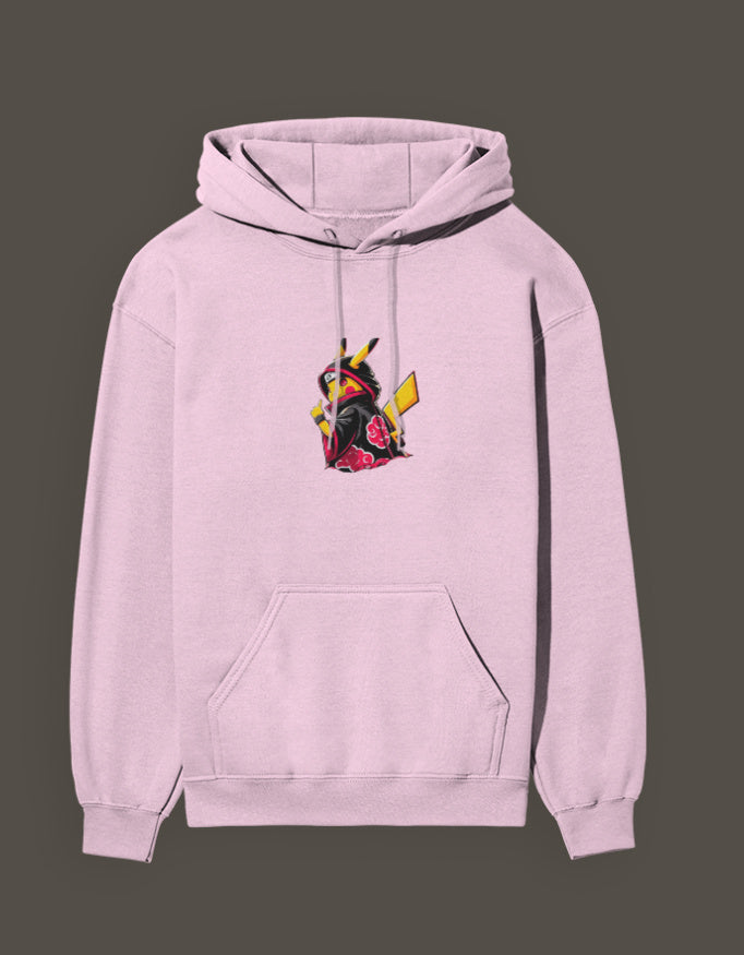 Akatsuki Pikachu hoodie in pastel pink featuring a vibrant Pikachu design for anime fans