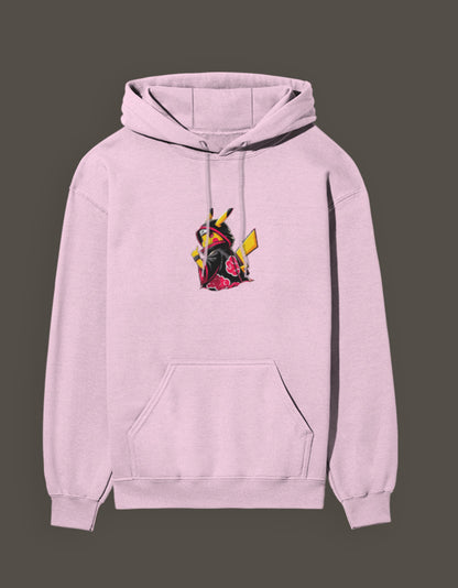 Akatsuki Pikachu hoodie in pastel pink featuring a vibrant Pikachu design for anime fans