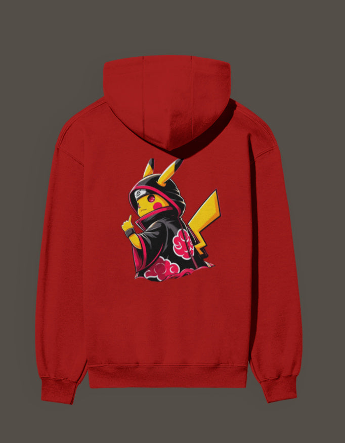 Akatsuki Pikachu hoodie in red featuring Pikachu in a ninja cloak design
