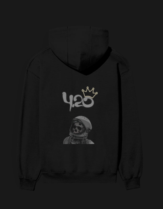 Black 420 anime hoodie featuring a skeleton astronaut design and crown graphic on the back