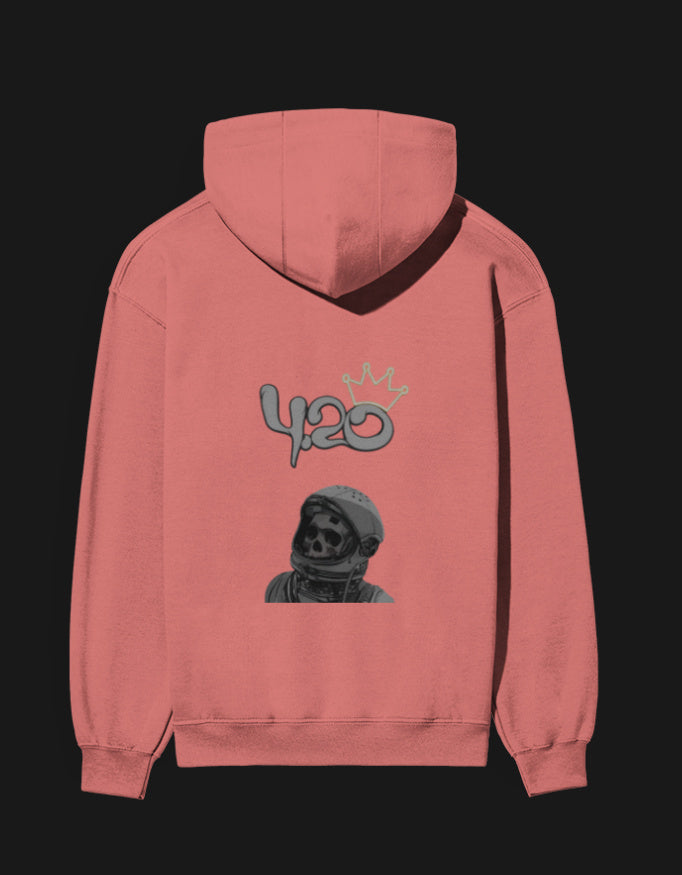 Pink 420 anime hoodie featuring a skeleton in an astronaut helmet design on the back