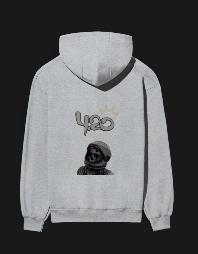Gray 420 anime hoodie featuring a unique astronaut skull design on the back