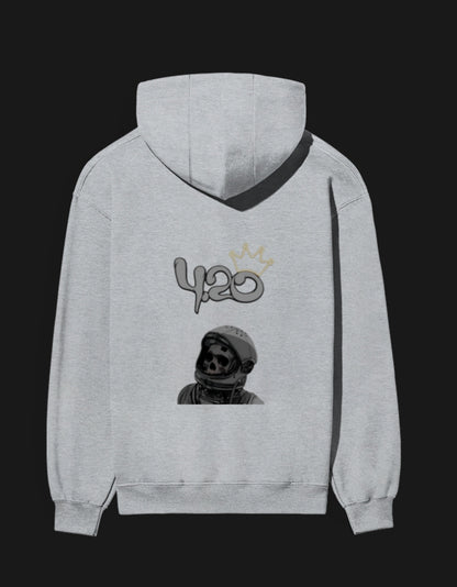 Gray 420 anime hoodie featuring a unique astronaut skull design on the back