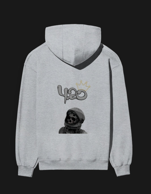 Gray 420 anime hoodie featuring a unique astronaut skull design on the back