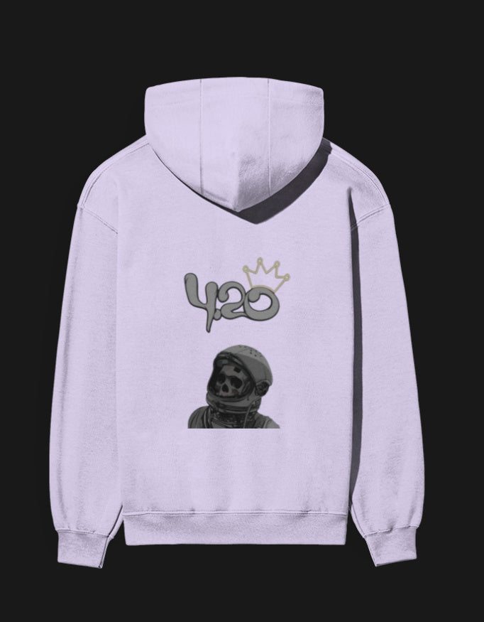 Purple 420 anime hoodie featuring a skeleton in a helmet and crown design on the back