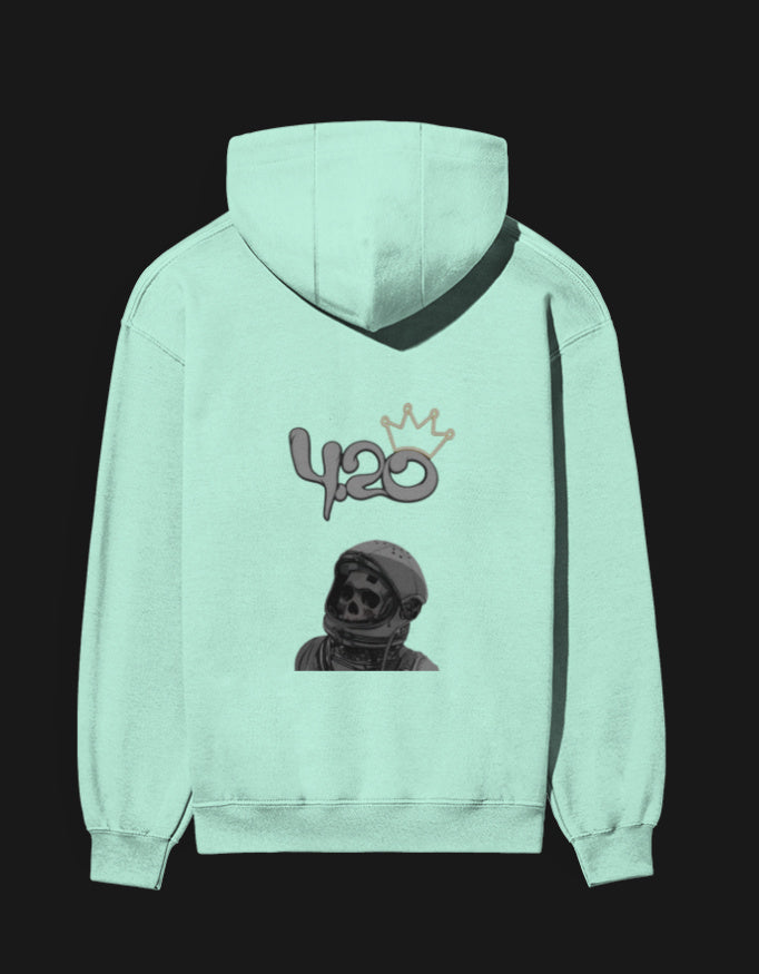 Mint Green 420 Anime Hoodie featuring a Skeleton Design with Crown for Anime Fans