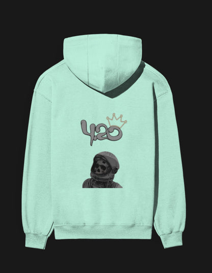 Mint Green 420 Anime Hoodie featuring a Skeleton Design with Crown for Anime Fans