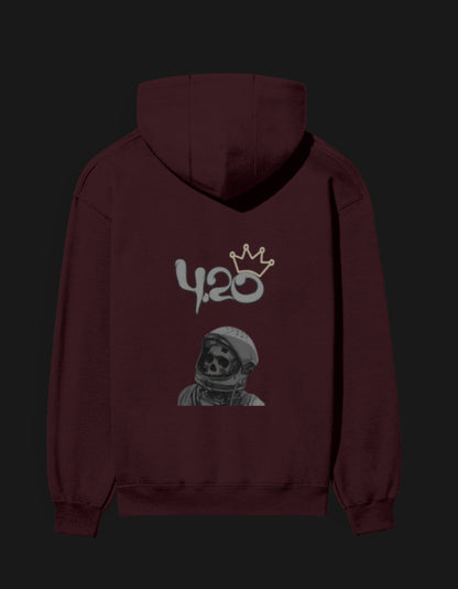 Maroon 420 anime hoodie featuring a skull astronaut graphic on the back with a crown design