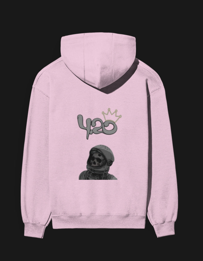 Pink 420 anime hoodie featuring a skeleton design and crown graphic on the back