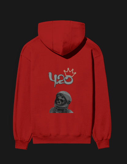 Red 420 anime hoodie featuring a unique astronaut skull design on the back