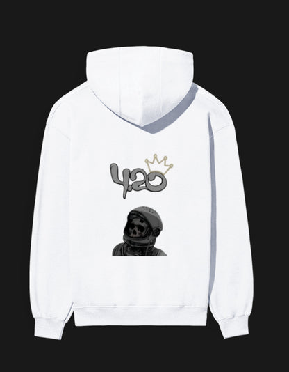 White 420 anime hoodie featuring a skeleton with a crown design on the back