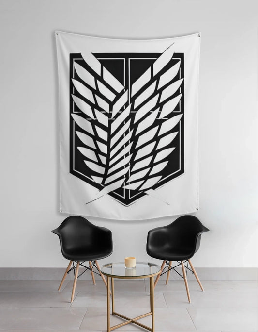 Attack on Titan tapestry black Survey Corps emblem on white wall above two modern black chairs and glass table