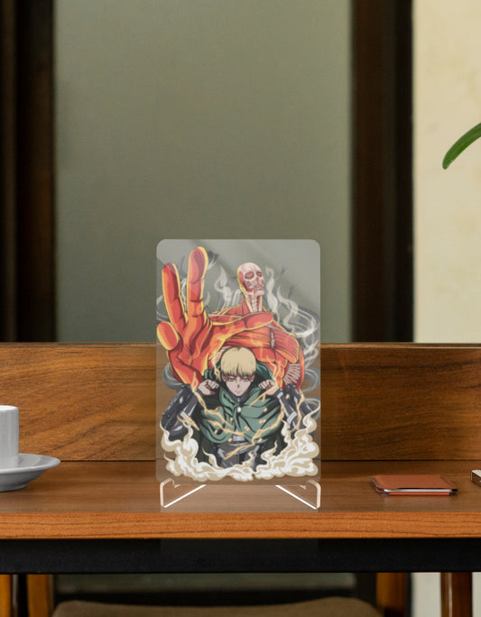 Anime character relic display featuring a character in action with dramatic background on a sleek stand