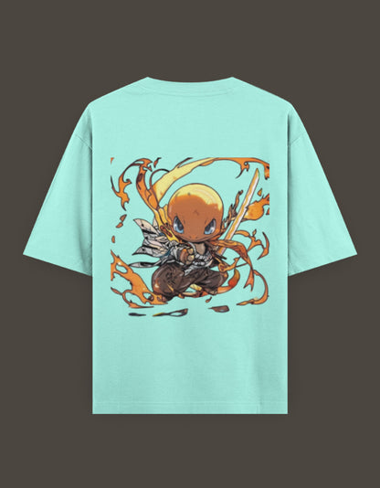 Charmander x Flame Hashira anime t-shirt in mint green featuring a vibrant graphic design
