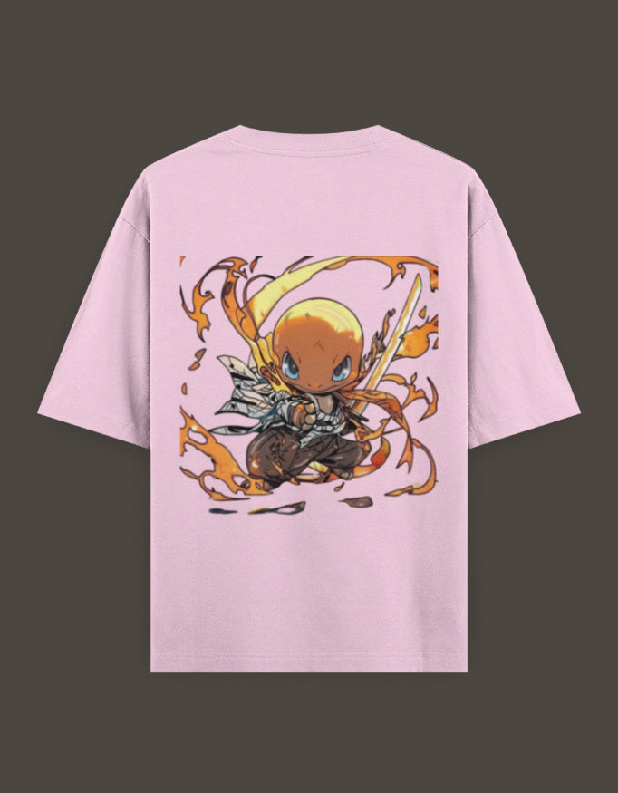 Charmander x Flame Hashira anime t-shirt in pink with vibrant back graphic design