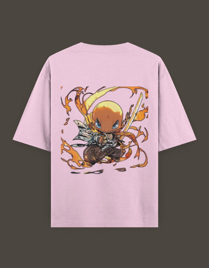 Charmander x Flame Hashira anime t-shirt in pink with vibrant back graphic design