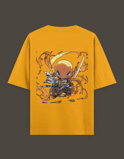 Charmander x Flame Hashira anime t-shirt in yellow featuring a vibrant character design on the back