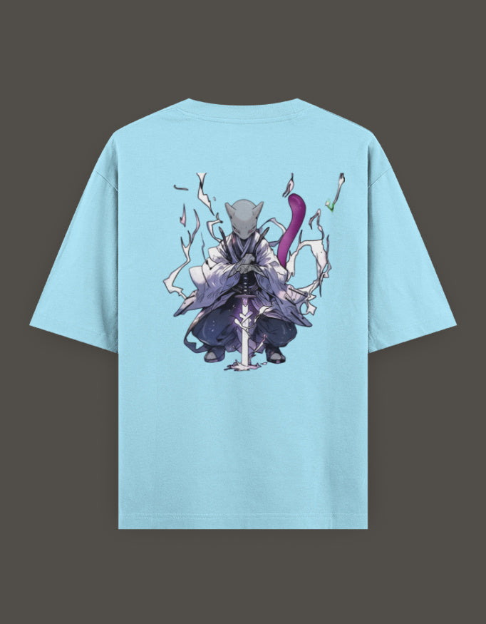 Light blue anime crossover t-shirt for Gen Z featuring a character in a dynamic pose with a sword