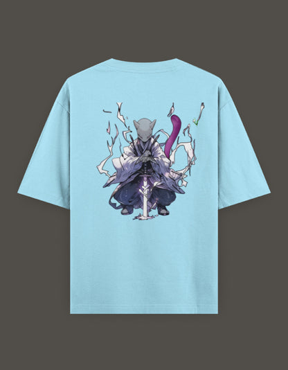 Light blue anime crossover t-shirt for Gen Z featuring a character in a dynamic pose with a sword