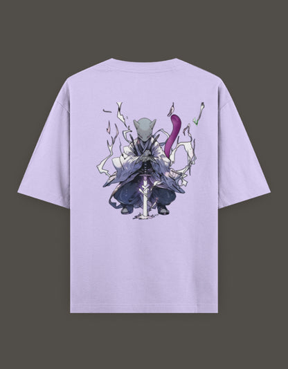 Anime crossover t-shirt for Gen Z featuring a striking character design on the back in purple