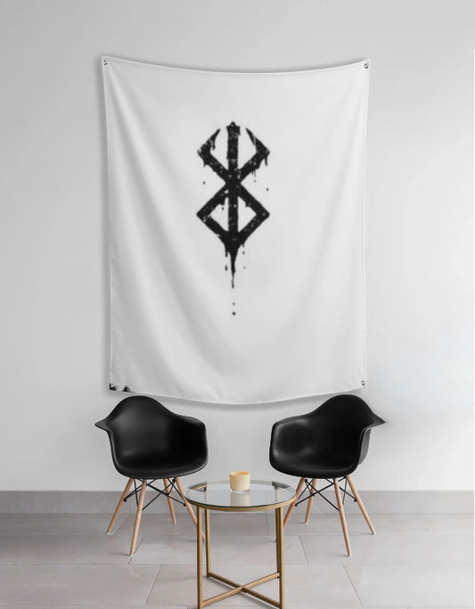 berserk tapestry wall hanging white cotton fabric with black dripping rune symbol in minimalist living room