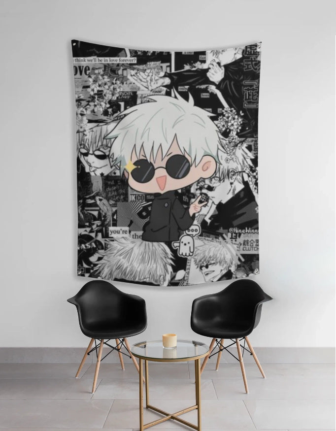 AnimeVerseStore chibi gojo tapestry black and white manga collage wall hanging featuring chibi Gojo with sunglasses