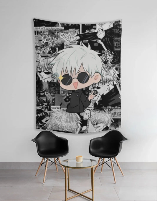 AnimeVerseStore chibi gojo tapestry black and white manga collage wall hanging featuring chibi Gojo with sunglasses
