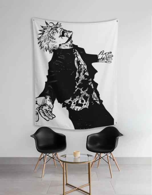 Gojo anime wall tapestry black and white manga art of spiky haired character perfect minimalist living room wall decor