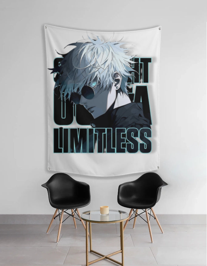 AnimeVerseStore Gojo Limitless tapestry featuring white haired anime character with sunglasses black text on white wall