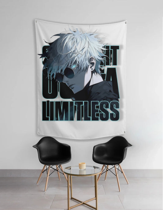AnimeVerseStore Gojo Limitless tapestry featuring white haired anime character with sunglasses black text on white wall