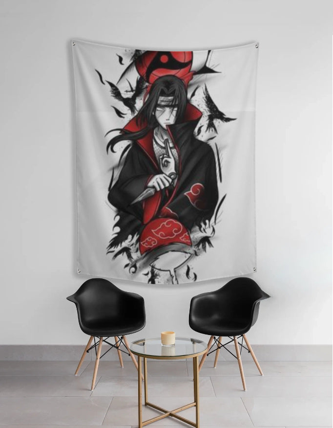 Itachi tapestry wall hanging featuring Itachi Uchiha in Akatsuki cloak with crows red black anime room decor