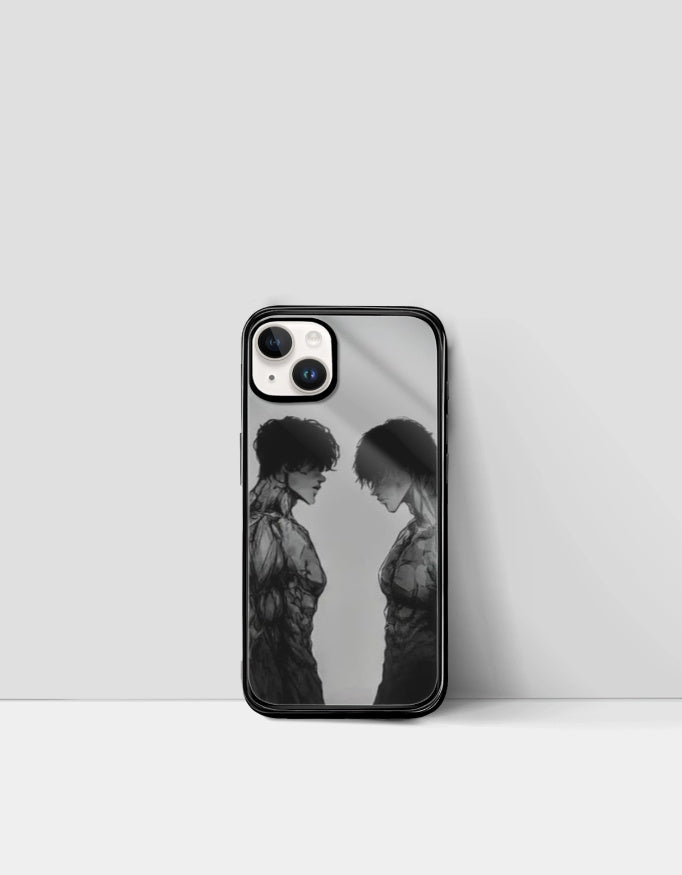 Anime iPhone glass case featuring monochrome artwork of two anime characters facing each other