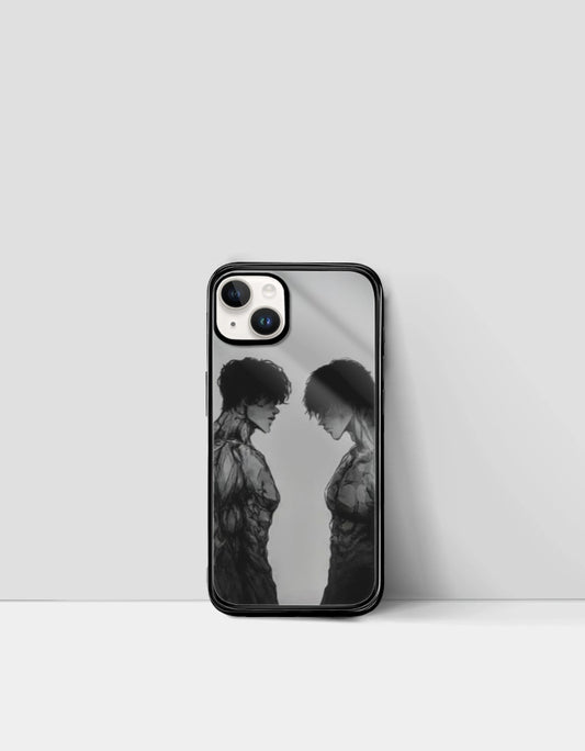 Anime iPhone glass case featuring monochrome artwork of two anime characters facing each other