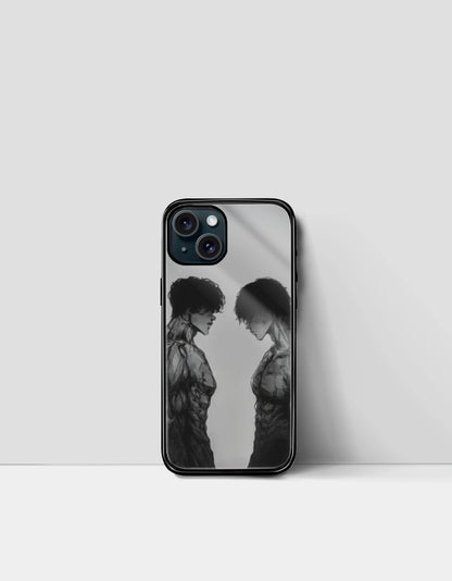 Anime iPhone glass case with black and white anime characters facing each other design