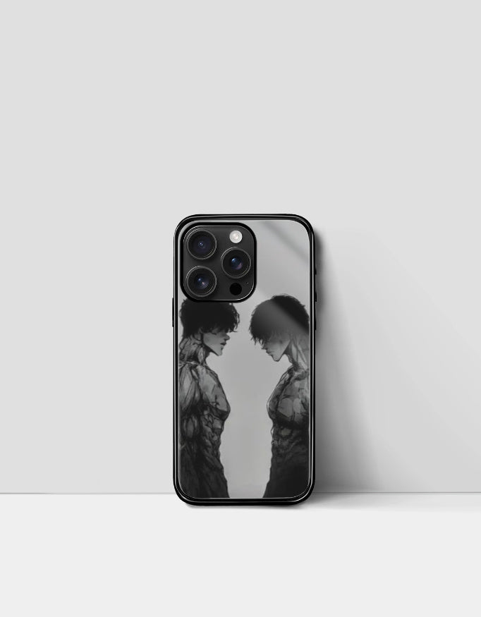Anime iPhone glass case featuring black and white artistic design of two muscular anime characters facing each other
