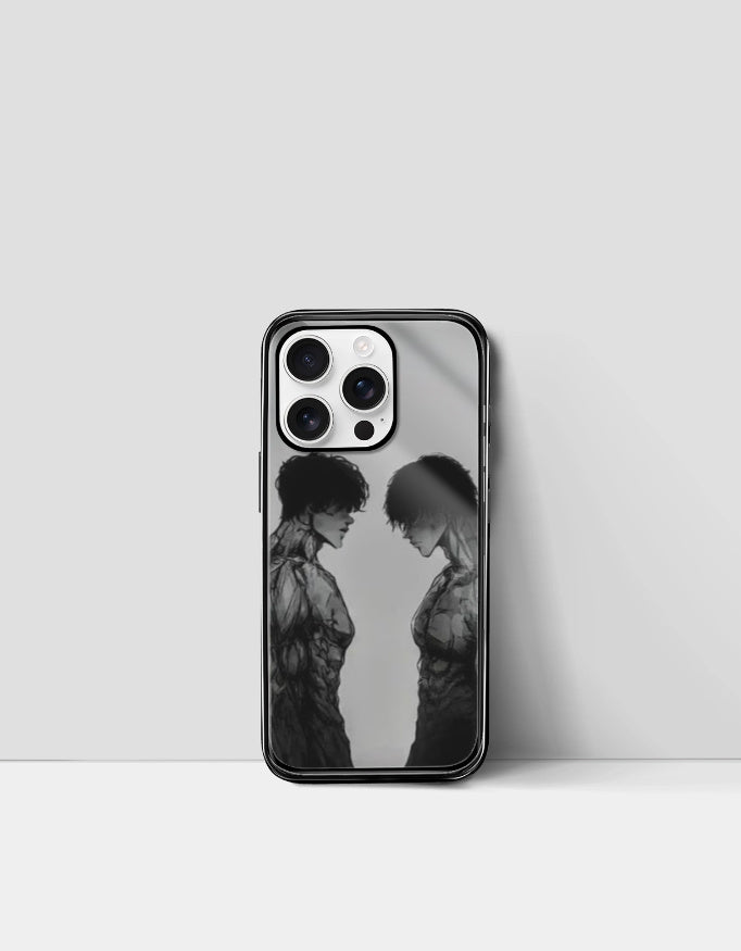 Black anime iphone glass case featuring two detailed anime characters facing each other in grayscale