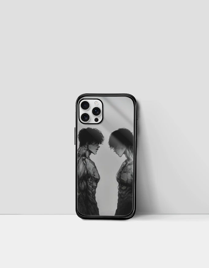 Anime iPhone glass case featuring black and white anime characters facing each other