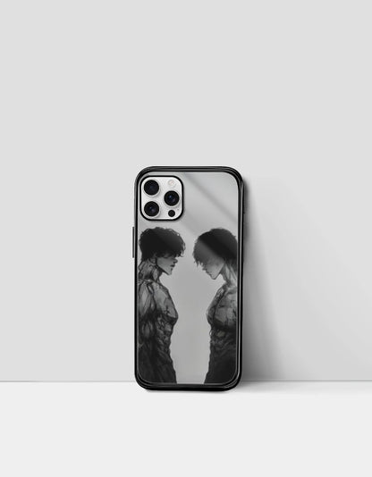 Anime iPhone glass case featuring black and white anime characters facing each other