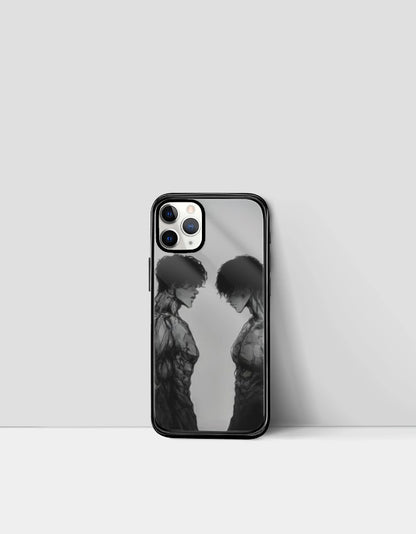 Anime iPhone glass case with monochrome design of two anime characters facing each other
