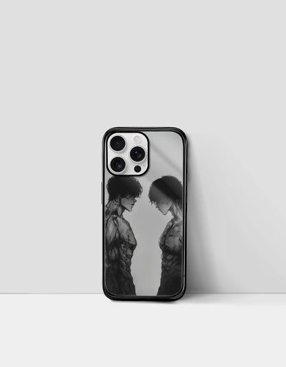 Anime iPhone glass case featuring black and white art of two muscular characters facing each other