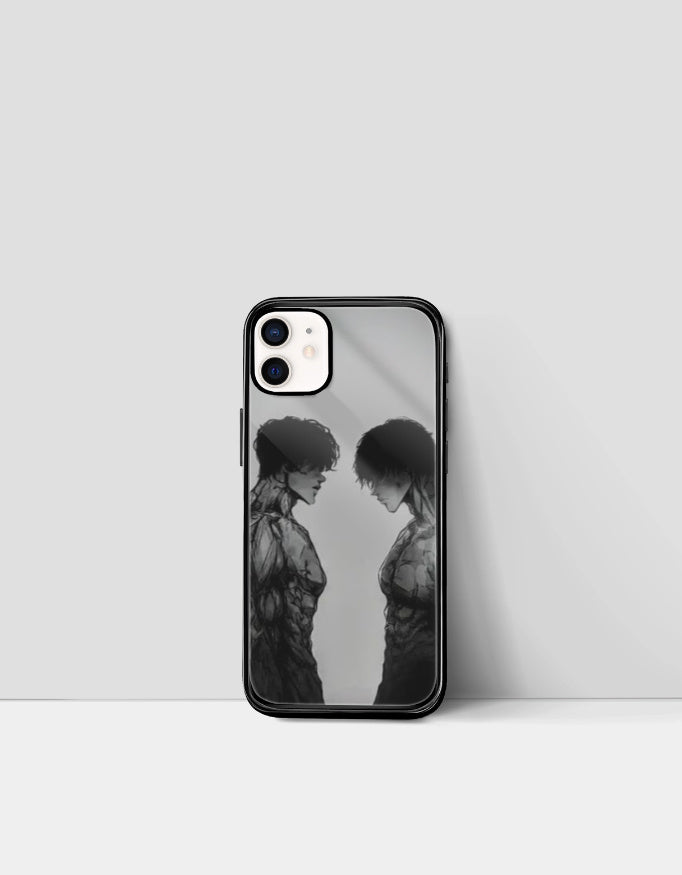 Anime iPhone glass case featuring black and white artwork of two intense anime characters facing each other