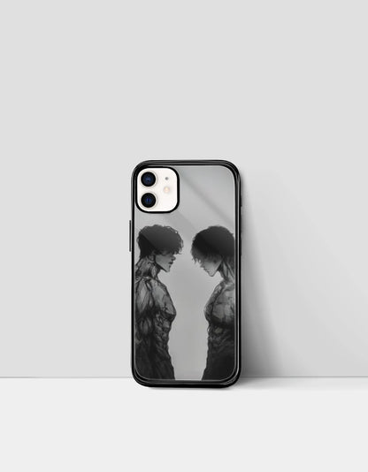 Anime iPhone glass case featuring black and white artwork of two intense anime characters facing each other