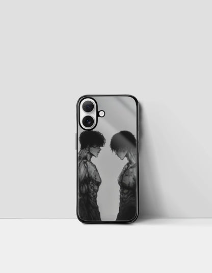 Anime iPhone glass case featuring black and white artistic characters facing each other
