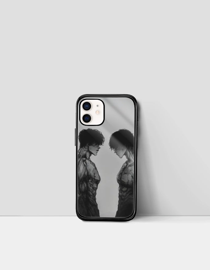 Anime iPhone glass case featuring black and white illustration of two characters facing each other