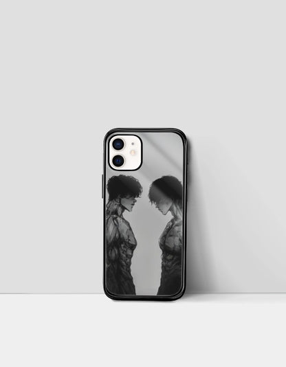 Anime iPhone glass case featuring black and white illustration of two characters facing each other