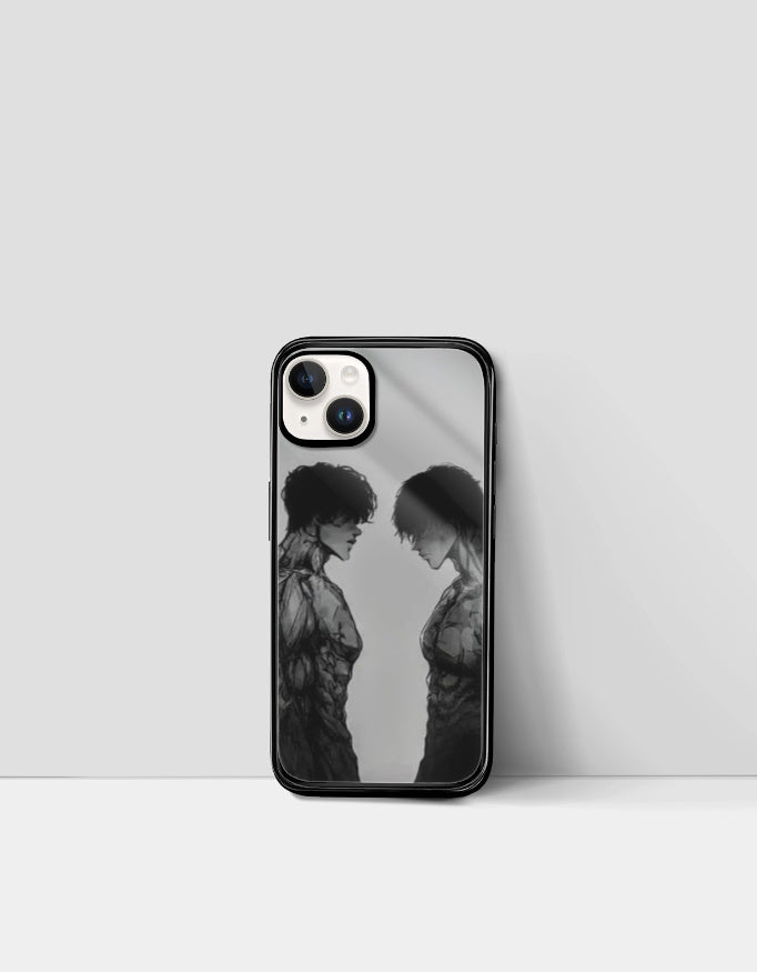 Anime iPhone glass case with black and white illustration of two shirtless anime characters facing each other