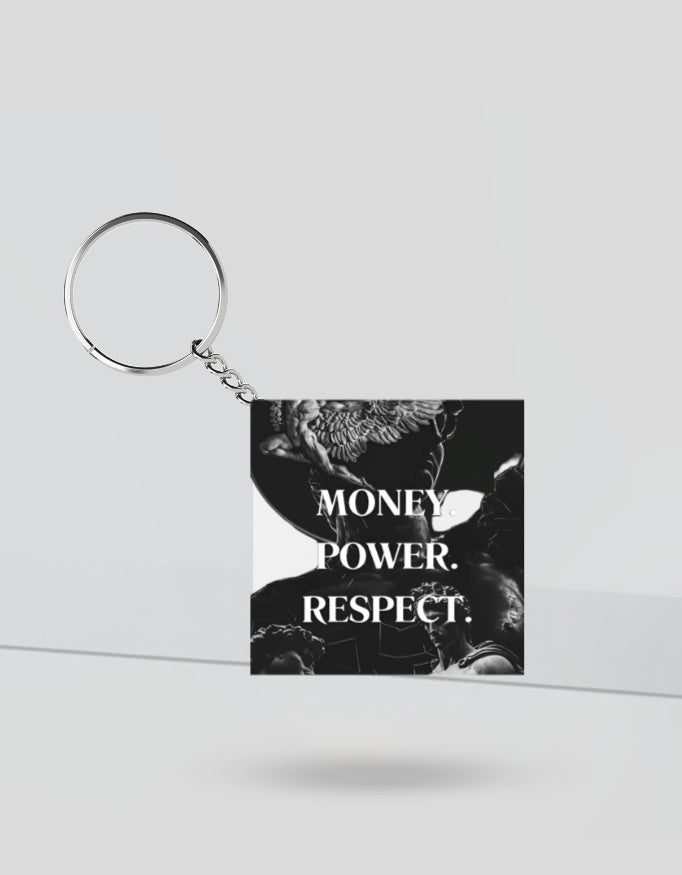 Square anime keychain for Gen Z with black and white design featuring money power respect text